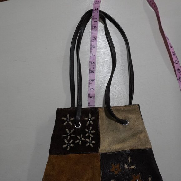 Suede / leather color block front side purse long shoulder straps - Picture 7 of 8